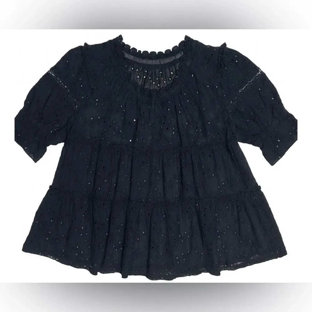 Free People Womens Blouse SP Black Eyelet Boho Semi Sheer Ruffle Puff Sleeve